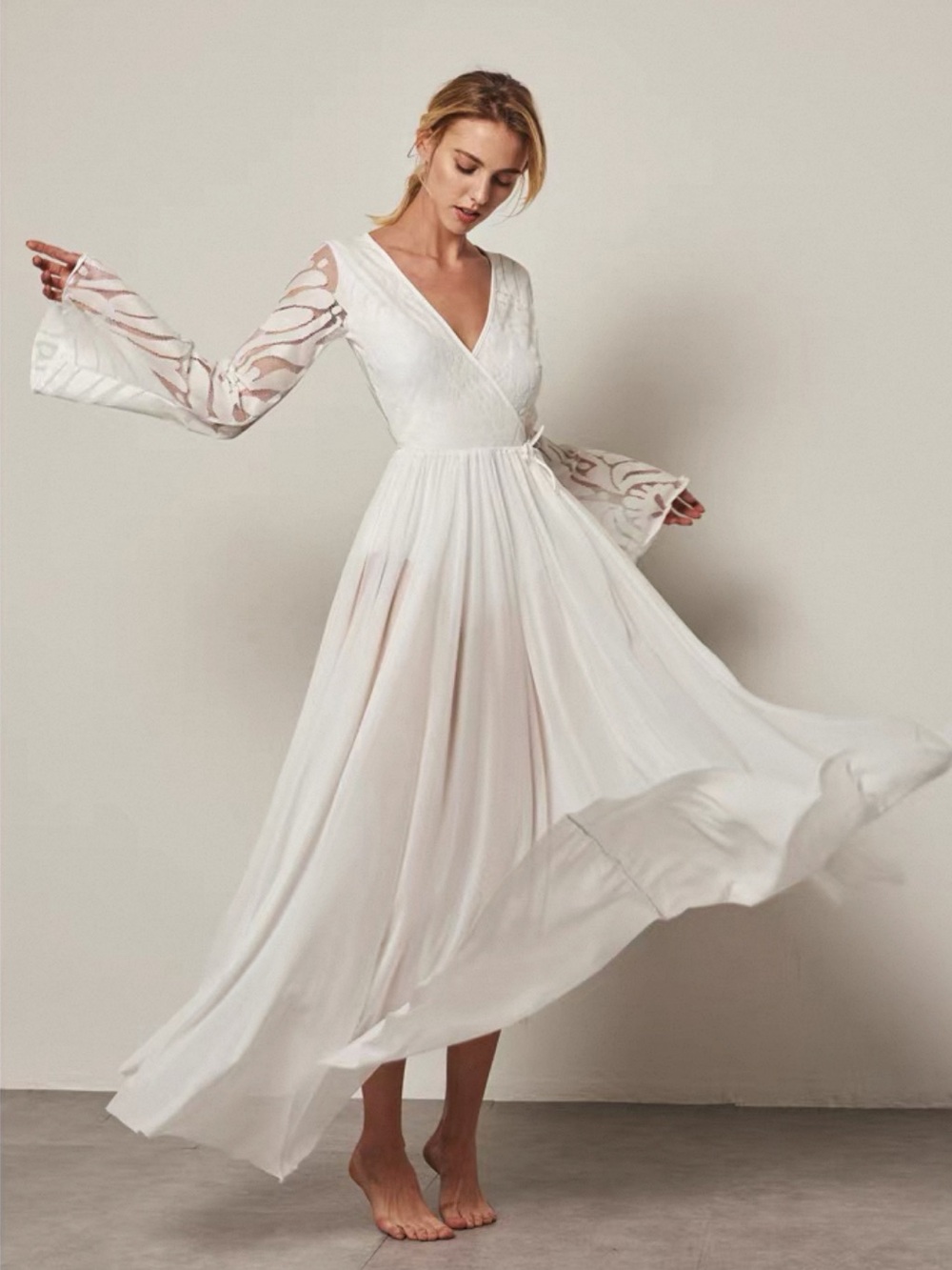 Elegant White V-Neck Long Sleeve swimwear Maxi Dress